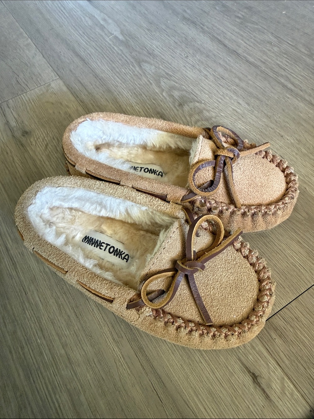Minnetonka Tan Suede Shearling-Lined Moccasins